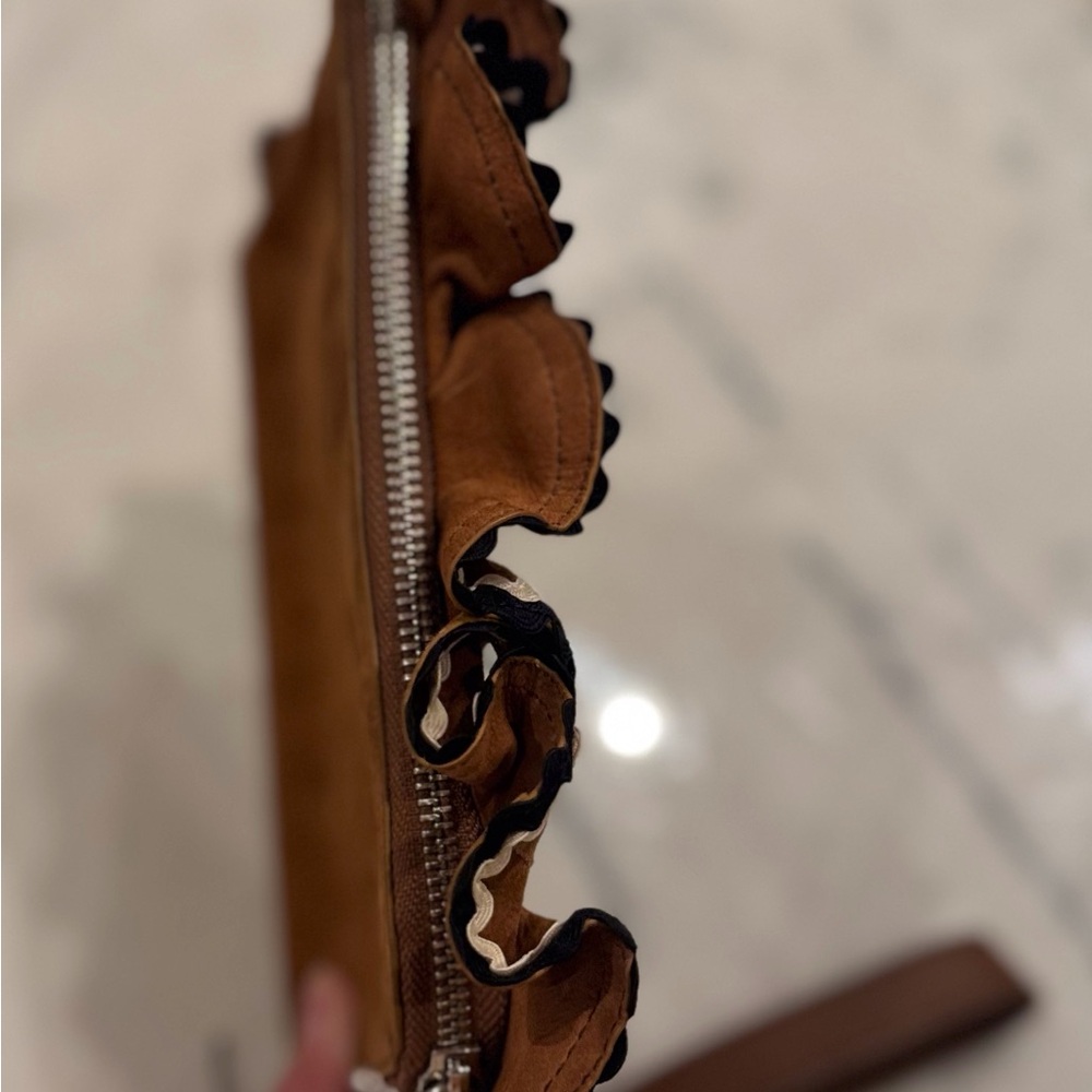 Loeffler Randall Clutch Wristlet Coastal Cowgirl Brown Suede Ruffled Trim NWOT - Picture 14 of 15